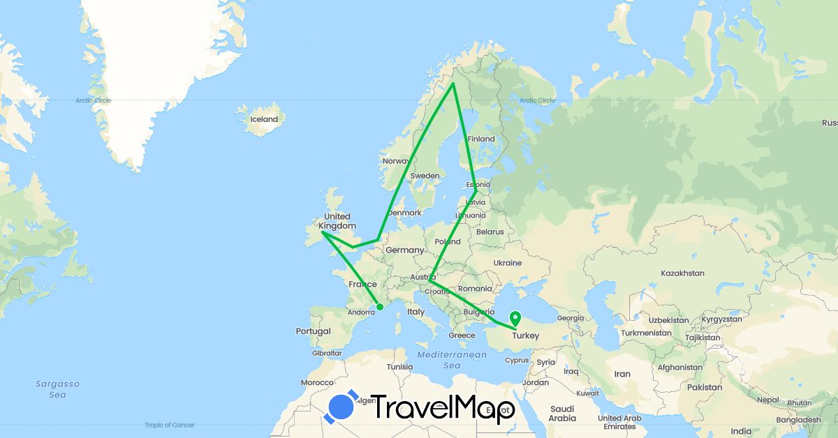 TravelMap itinerary: driving, bus in Austria, Estonia, France, United Kingdom, Ireland, Netherlands, Sweden, Turkey (Asia, Europe)